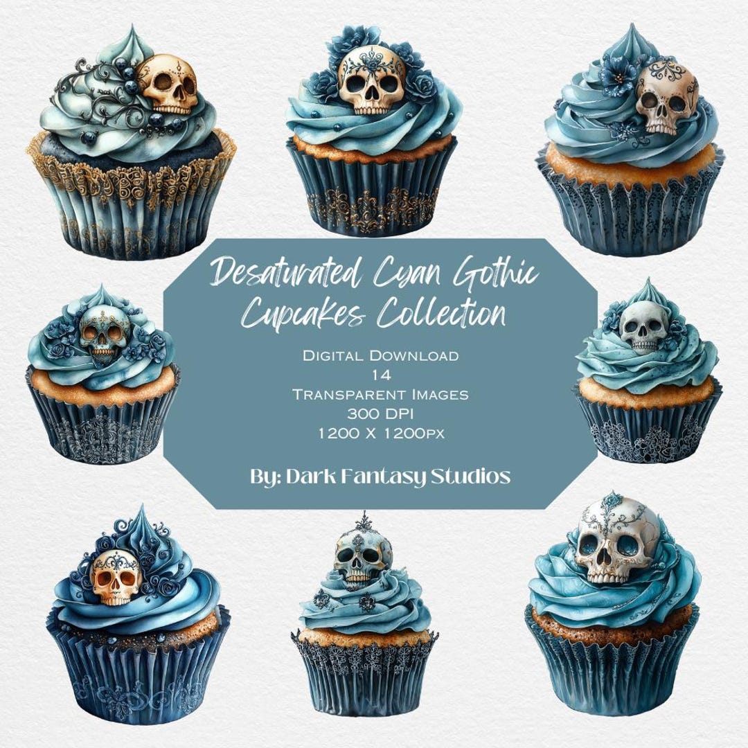 Watercolor Clipart Collection: Desaturated Cyan Gothic Cupcakes for ...