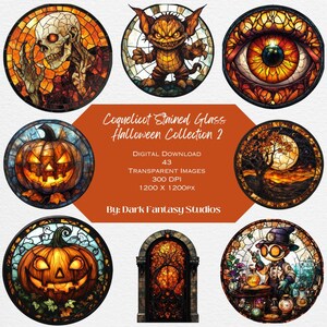 Colección de Halloween de vidrieras de Coquelicot 2, diario basura, 43 imágenes PNG, imágenes transparentes, sublimación, uso comercial incluido