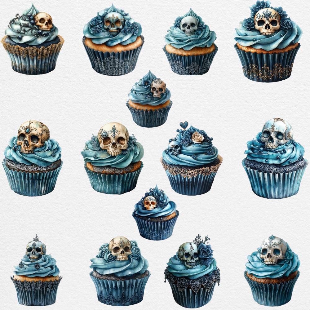 Watercolor Clipart Collection: Desaturated Cyan Gothic Cupcakes for ...