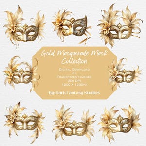 Gold Maskerade Maske Clipart Sammlung, Junk Journaling, Scrapbooking, Basteln, 21 transparente PNG-Bilder, kommerzielle Nutzung inbegriffen