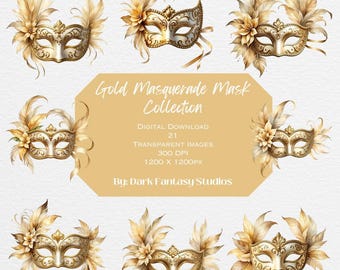 Gouden maskerade masker clipartcollectie, junkjournaling, scrapbooking, knutselen, 21 transparante png-afbeeldingen, inclusief commercieel gebruik