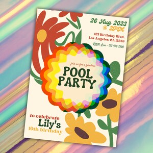 Editable Retro Pool Party Birthday Invitation Template, Flower Power Boho Invite, Summer Groovy 70s Hippie Printable, Red Yellow Green Cream