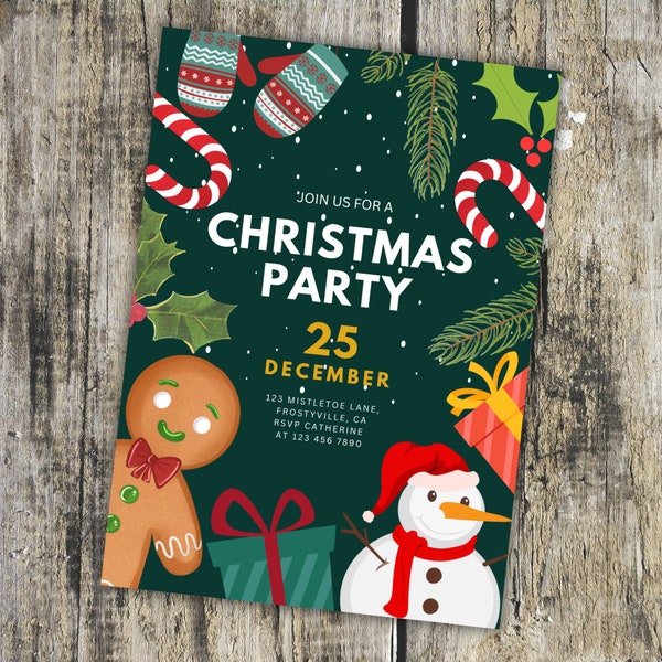 Editable Christmas Party Invitation Template, Printable Office Christmas Holiday Party Invite, Gingerbread Man, Dark Green