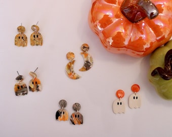 Halloween - Handmade Clay Earrings - Ghost - Lightweight Jewelry - Spooky Season - Fall Colors - Polymer Crafted Ear Jewelry - Dangle Set