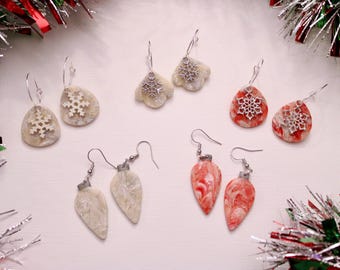 Handmade Holiday Clay Earrings | Christmas Festive Earrings | Unique Colorful Lightweight Jewelry | Snowflake Earrings | Ornament Jewelry