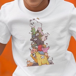Rolig djurtorn-t-shirt, söt björnstack, tecknad djurliv-t-shirt, unisex grafisk t-shirt, fritidskläder för honom och henne