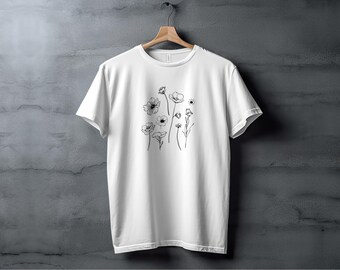 Camiseta con arte de línea floral, camiseta con dibujo botánico, camiseta con ilustración de flores, camiseta floral minimalista, regalo para amantes de la naturaleza, camiseta gráfica informal