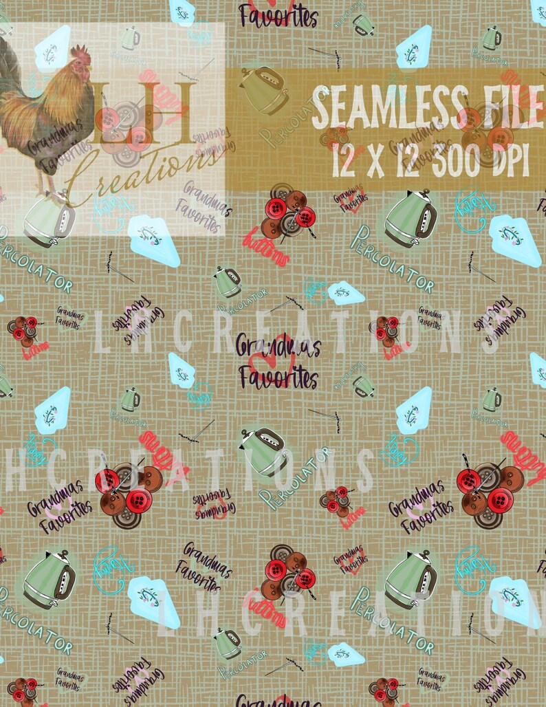 K&ouml;nnte beinhalten: Ein nahtloses Muster mit einem Hahn, Kn&ouml;pfen, Kaffeemaschinen und Textelementen. Das Design enth&auml;lt die W&ouml;rter "Grandma's Favorites", "Percolator" und "Seamless File 12 x 12 300 DPI" in verschiedenen Schriftarten und Farben auf beigem Hintergrund.