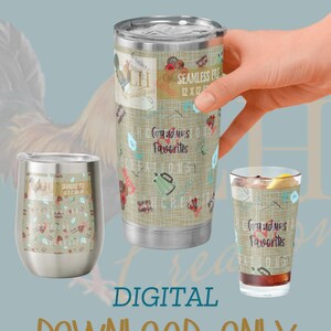 K&ouml;nnte beinhalten: Drei Trinkartikel mit einem beige-roten Muster, darunter ein Becher, ein Weinglas ohne Stiel und ein Pint-Glas. Der Text "Grandma's Favorites" und "Seamless File 12 x 12" sind sichtbar. Die Worte "Digital Download Only" sind ebenfalls vorhanden.