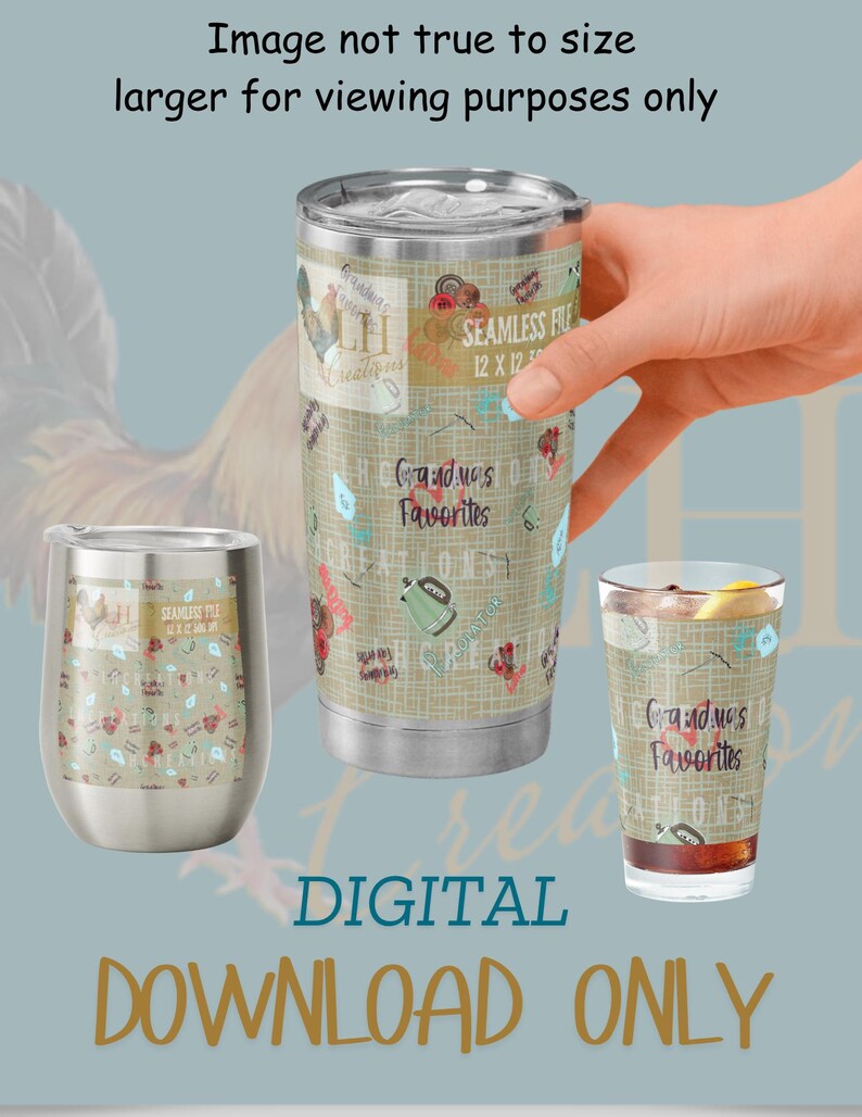 K&ouml;nnte beinhalten: Drei Trinkartikel mit einem beige-roten Muster, darunter ein Becher, ein Weinglas ohne Stiel und ein Pint-Glas. Der Text "Grandma's Favorites" und "Seamless File 12 x 12" sind sichtbar. Die Worte "Digital Download Only" sind ebenfalls vorhanden.