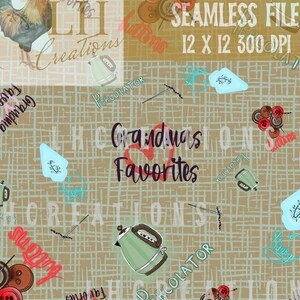 K&ouml;nnte beinhalten: Ein nahtloses Dateidesign mit einem Hahn, Kn&ouml;pfen, Teekannen und dem Text "Grandma's Favorites". Das Design enth&auml;lt den Text "SEAMLESS FILE 12 X 12 300 DPI" auf einem beigen Hintergrund mit einem Gittermuster.