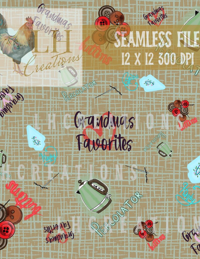 K&ouml;nnte beinhalten: Ein nahtloses Dateidesign mit einem Hahn, Kn&ouml;pfen, Teekannen und dem Text "Grandma's Favorites". Das Design enth&auml;lt den Text "SEAMLESS FILE 12 X 12 300 DPI" auf einem beigen Hintergrund mit einem Gittermuster.