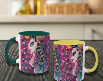 Bloemengodin handgeschilderde mok Unieke keramische koffiekopje Feestreceptie Dinerkopceremonie Tafeldecor Koffieliefhebber Cadeau Schoonmoeder