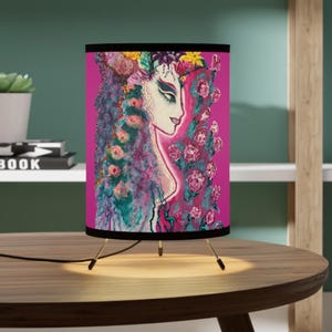 Tripod Lamp with High-Res Printed Shade US CA plug hand painted lamp floral colorful bold lamp bedroom lamp for her artistic lamp boho lamp