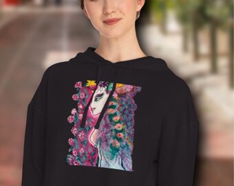 Hand-Painted Flower Goddess Crop Hoodie: Trendy Boho Sweatshirt