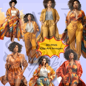 30 High-Definition Clipart Images of African-American Women in Bold Fall Colors - Instant Download