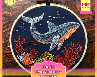 クジラとサンゴの刺繍タペストリー クジラの刺繍パターン：海の子供部屋の装飾（PDFパターン） - Etsy 日本