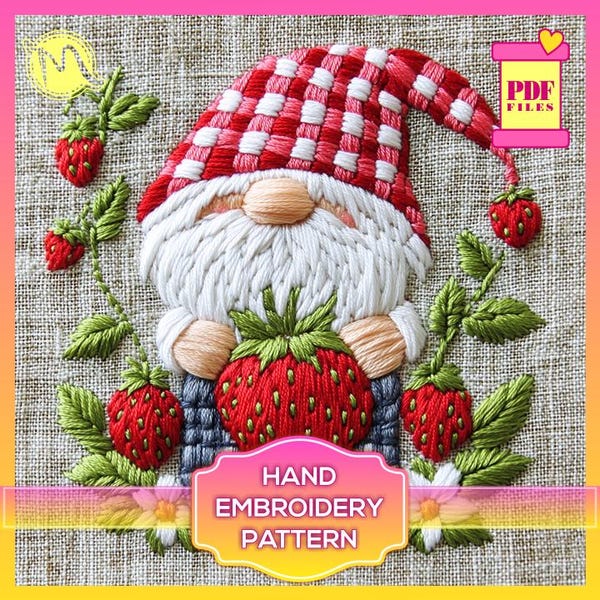 Strawberry Gnome Hand Embroidery Pattern – 6 Sizes (PDF Template)