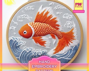 Koi Fish Hand Embroidery Pattern with Waves (PDF Pattern)