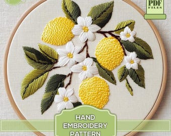 Lemons and Flowers Embroidery Pattern, Satin Stitch (Digital Pattern PDF)