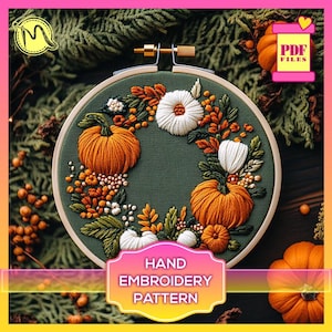 Motif de broderie couronne de citrouille - Motif floral d'automne (PDF numérique)