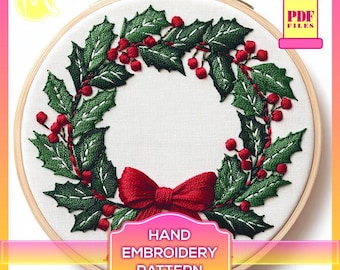 Holly Wreath Embroidery Pattern – Christmas Red Bow, Festive DIY (PDF Pattern)