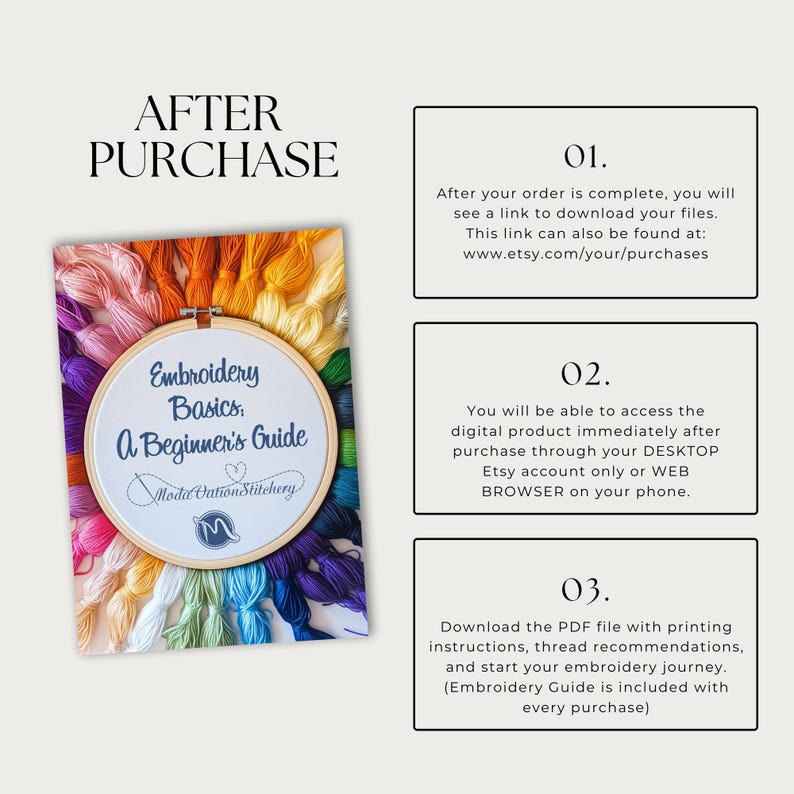 May include: A colorful image with instructions for downloading an embroidery basics guide. The image includes a hoop with embroidery floss, the title "Embroidery Basics: A Beginner's Guide", and the text "Moda Vations Stitchery".