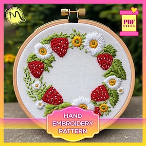 Hand Embroidery Pattern – Strawberry Wreath with Wildflowers, Satin Stitch Floral PDF Template. Digital Pattern PDF. DIY. Floral Designs.
