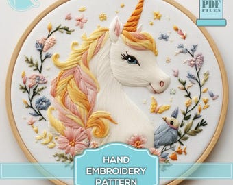 Unicorn Floral Satin Stitch Embroidery Pattern (Digital Pattern PDF)