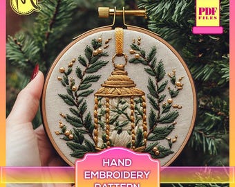 Hand-Embroidered Lantern Embroidery Pattern – Holiday Greenery (Digital Pattern)