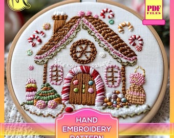 Whimsical Gingerbread House Christmas Embroidery Pattern – Holiday Stitching Delight. Satin Stitch Embroidery. Digital Pattern PDF. DIY