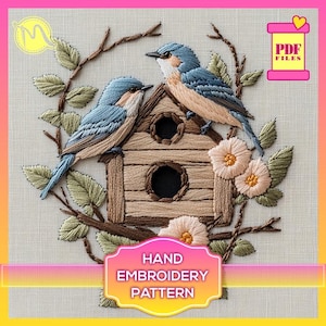 Spring Birds in Birdhouse with Flowers Embroidery Pattern 2– Cheerful Satin Stitch Design. Embroidery template. Digital Pattern PDF.