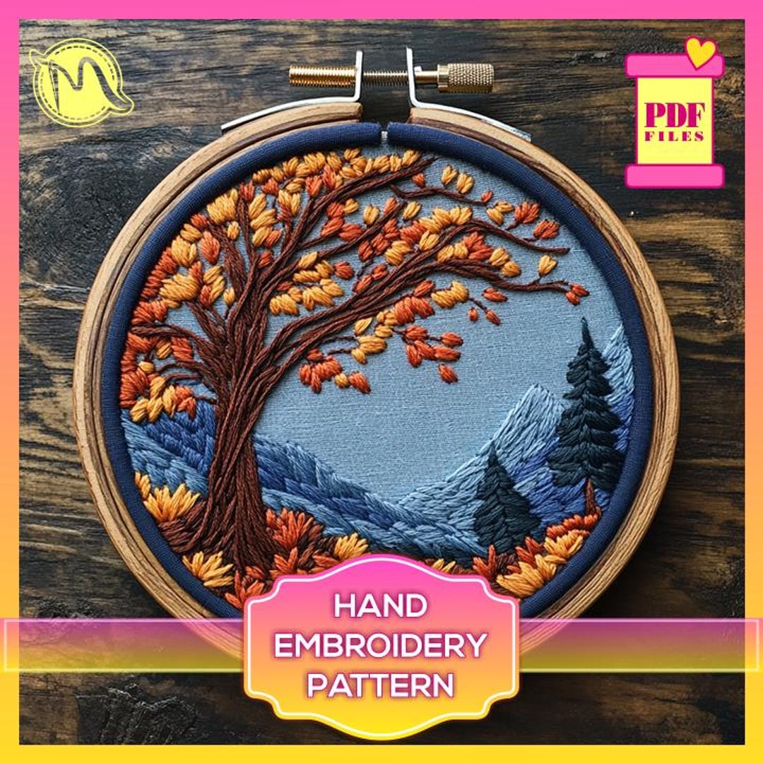 Autumn Tree and Mountain Landscape Embroidery Pattern - Fall Foliage ...