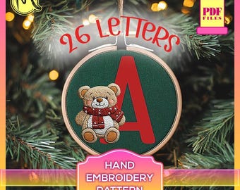 Christmas Alphabet Embroidery Pattern – Teddy Bear Initial (Digital Pattern PDF)