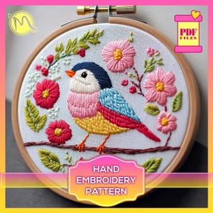 Vibrant Bird Hand Embroidery Pattern with Floral Motifs - Digital PDF. Satin stitch embroidery template. Digital Pattern PDF. DIY.