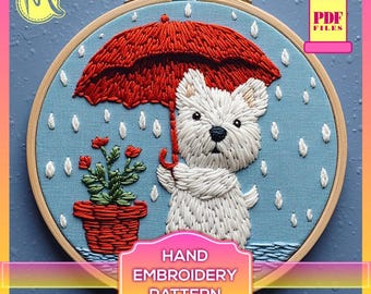 Terrier Puppy Embroidery Pattern – Dog with Umbrella (PDF Beginner Guide Included)