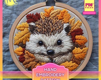 Hedgehog Embroidery Pattern – Fall Leaves Animal Design (Digital Pattern PDF)