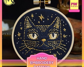 Mystical Cat Embroidery Pattern, Celestial Design (PDF Pattern)