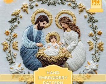 Serene Nativity Scene Satin Stitch Embroidery Pattern: Mary, Joseph, and Baby Jesus. Satin stitch embroidery template. Digital Pattern PDF.