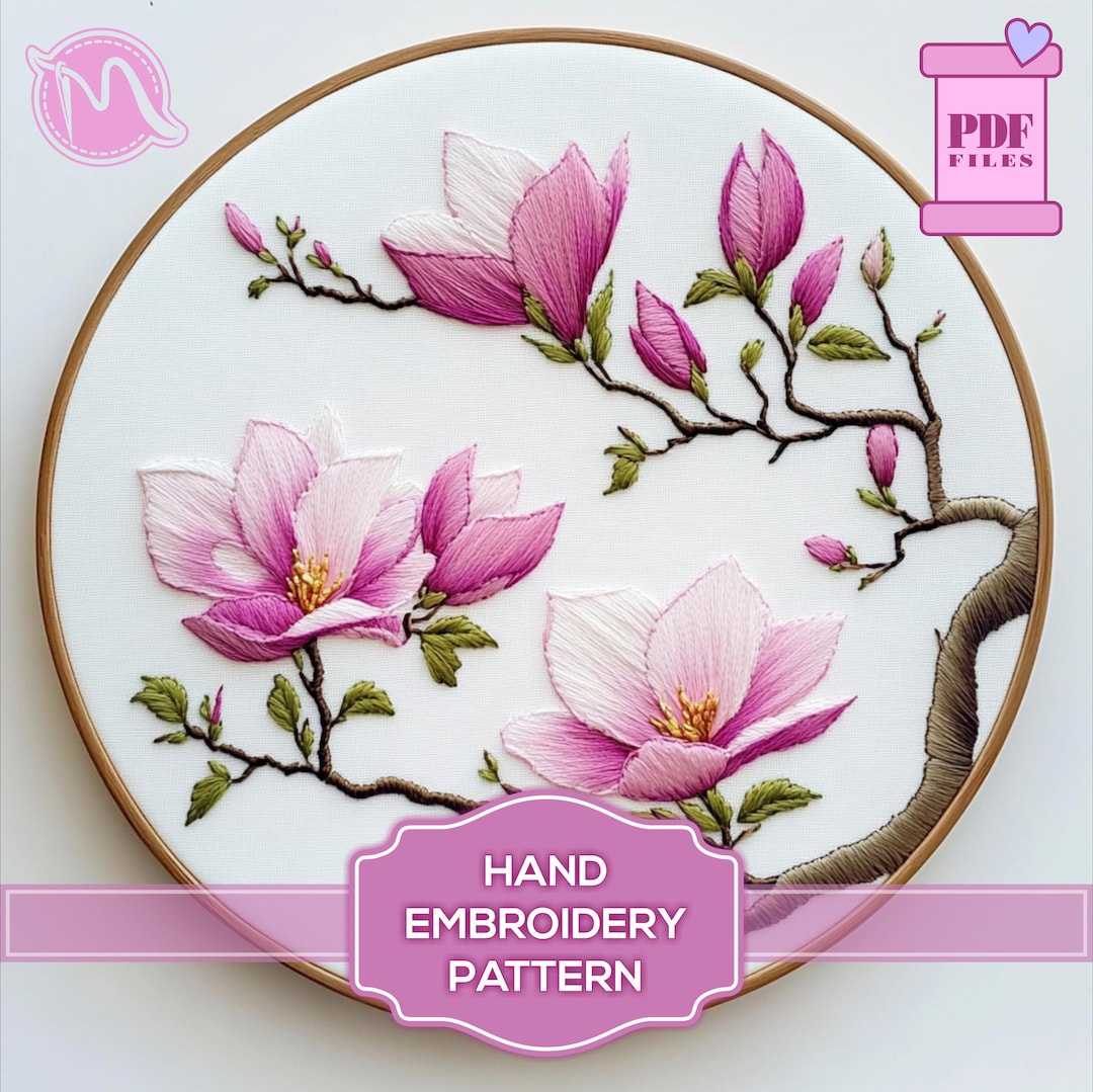 Magnolia Flower Hand Embroidery Pattern - Elegant Floral Design (PDF ...
