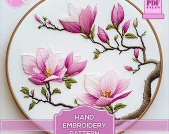 Magnolia Flowers Hand Embroidery Pattern - Elegant and Timeless Design. Satin stitch embroidery template. Digital Pattern PDF. DIY.