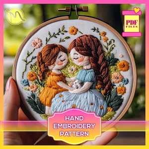 May include: Hand embroidery pattern featuring two girls with brown hair holding a small white animal. The girls are surrounded by colorful flowers and greenery. The pattern is in a hoop and labeled "HAND EMBROIDERY PATTERN".