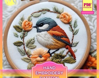 Bird Floral Wreath Hand Embroidery Pattern – Satin Stitch (Digital PDF)