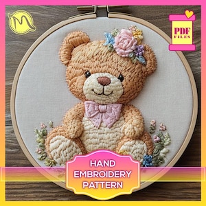 Patrón de bordado de flores de osito de peluche: Plantilla de puntada de satén (Patrón digital en PDF)