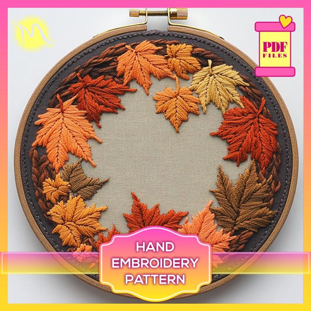 Autumn Leaves Embroidery Pattern – Fall Leaf Wreath, Satin Stitch (PDF ...