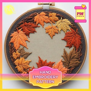 Autumn Leaves Embroidery Pattern – PDF Hand Embroidery Design with Fall Leaf Wreath in Satin Stitch.  Digital Pattern PDF. Fall embroidery.
