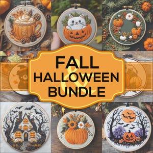 Könnte beinhalten: Eine Sammlung von sechs Stickmustern in Stickrahmen mit Herbst- und Halloween-Motiven. Die Designs beinhalten einen Kürbis mit einer Katze darin, einen Kürbis mit Blumen, ein Spukhaus, einen Kürbis mit Fledermäusen, eine Kaffeetasse mit Herbstblättern und einen Kranz mit Kürbissen und Blumen.