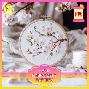 桜 - 手刺繍パターン。サテンステッチ刺繍テンプレート。デジタルパターン PDF。DIY。花のデザイン。