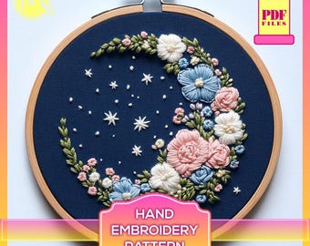 Crescent Moon Floral Embroidery Pattern – Satin Stitch (Digital Pattern PDF)