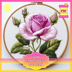 バラの刺繍パターン PDF – DIY クラフト プロジェクト用の手刺繍の花のデザイン。サテン ステッチの刺繍テンプレート。デジタル パターン PDF。
